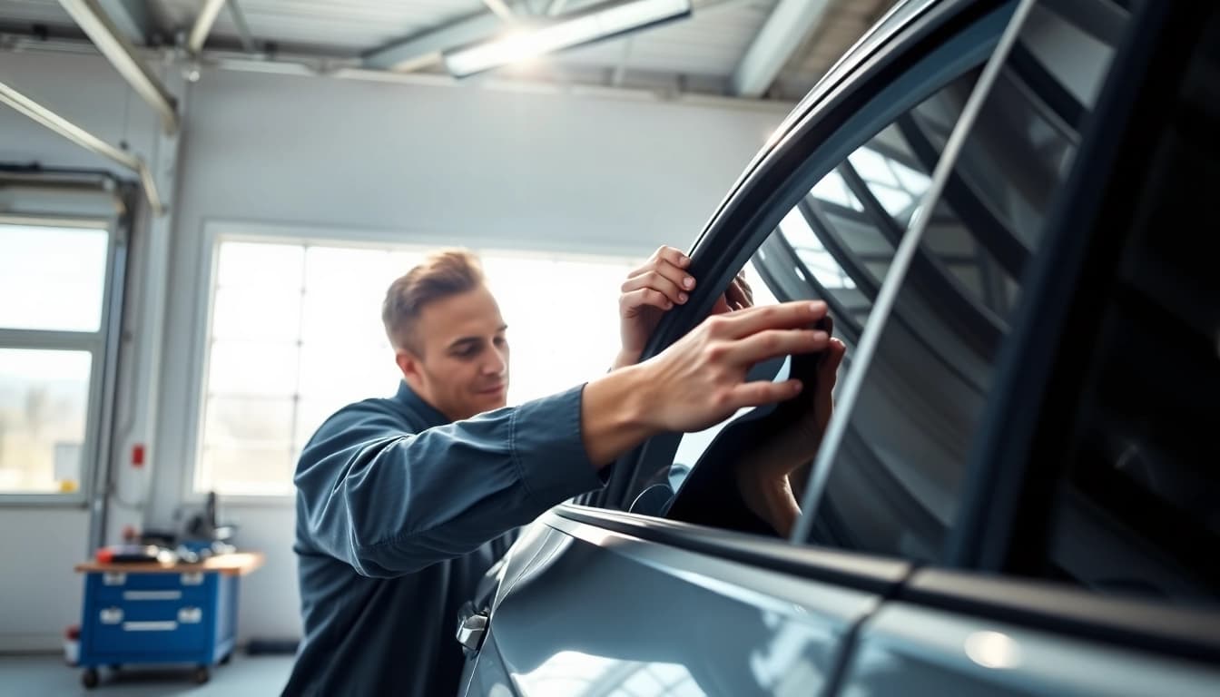 Enhance your ride with auto window tint near me applied by a professional in a bright garage.