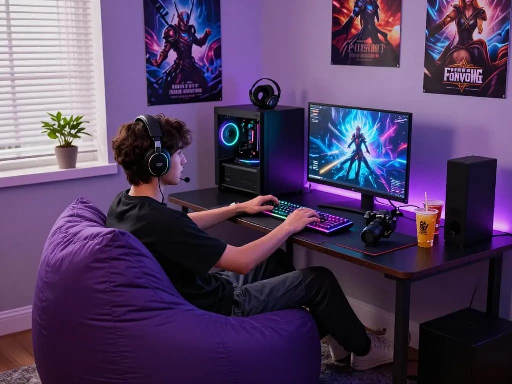 Immersive adult game gaming setup with vibrant lighting and accessories.