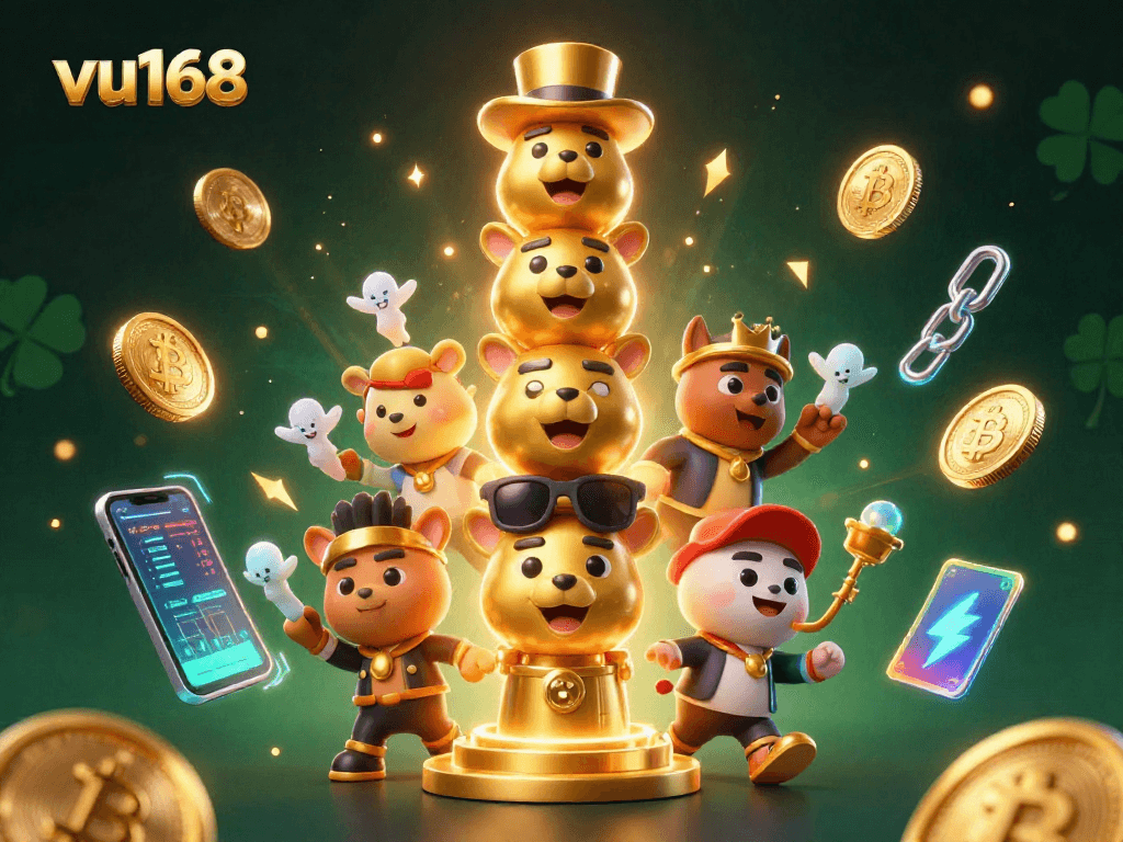 Engage with vu168’s powerful casino experience, highlighted by vibrant 3D characters and glowing crypto elements.