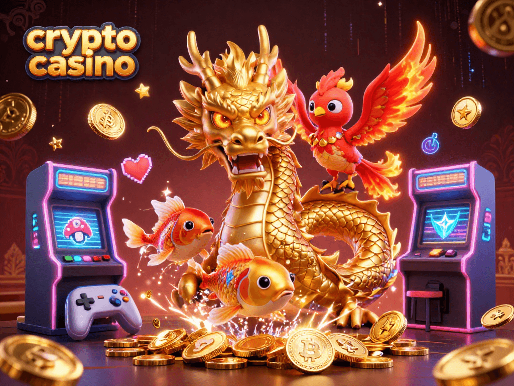 Engage in a crypto casino experience with a vibrant illustration of a dragon, phoenix, and koi fish amidst glowing game elements.