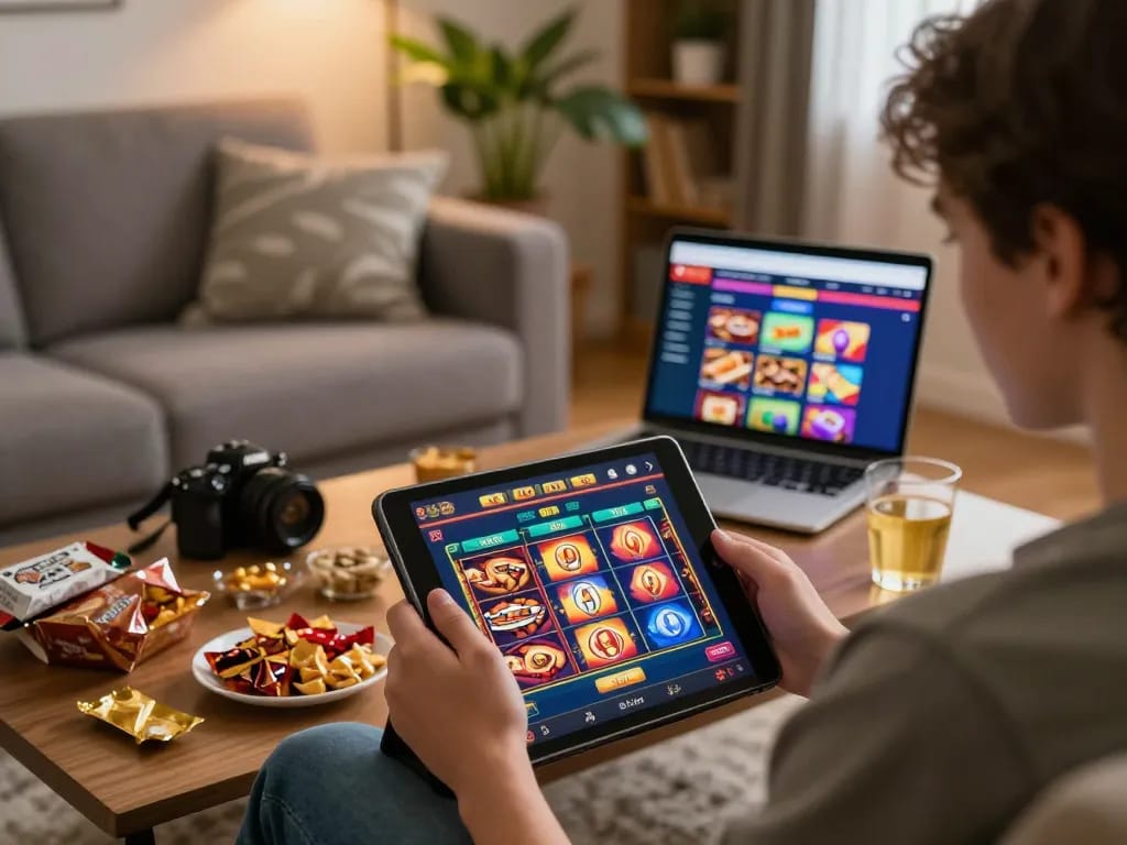 Playing online slots at home with lc88 tablet interface, cozy living room ambiance