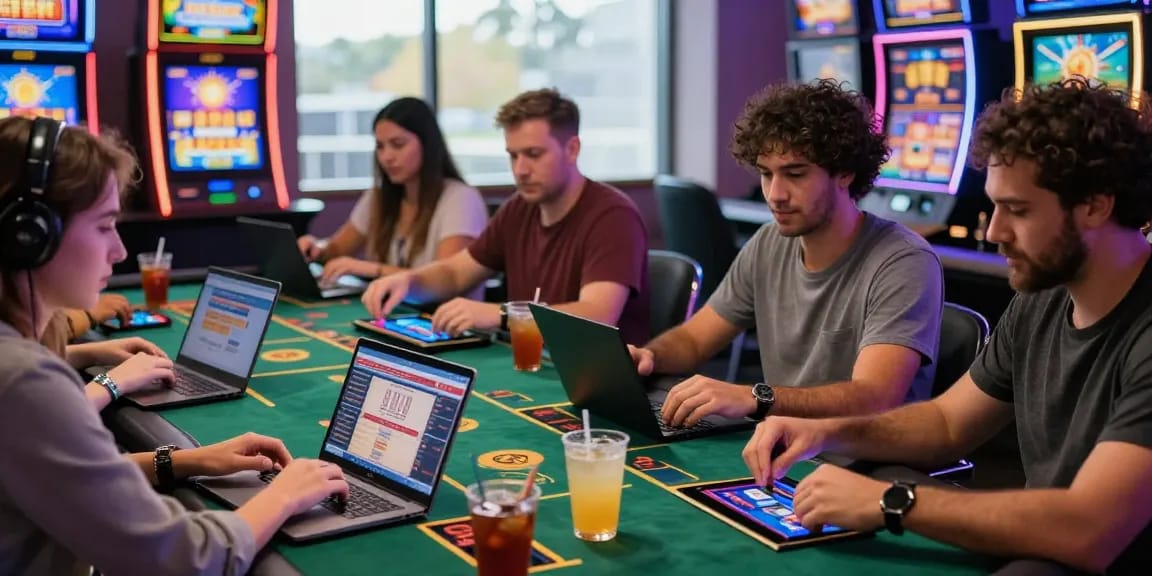 Exciting moment at a credit card casino with diverse players engaging in gaming on modern devices in a vibrant atmosphere.