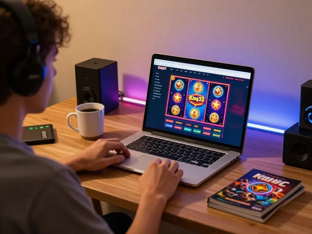Player engaging with King33 online casino on laptop, showcasing dynamic gaming experience.