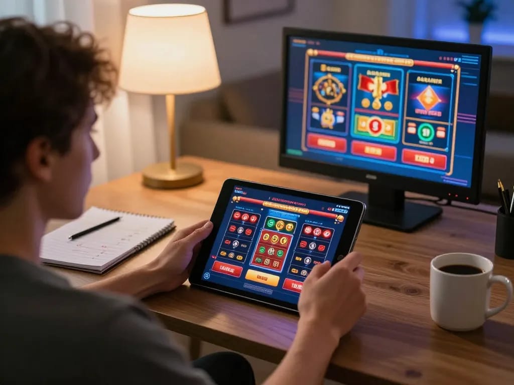 Engaging gameplay on Canadian online casinos with a vibrant tablet screen and strategic notes.