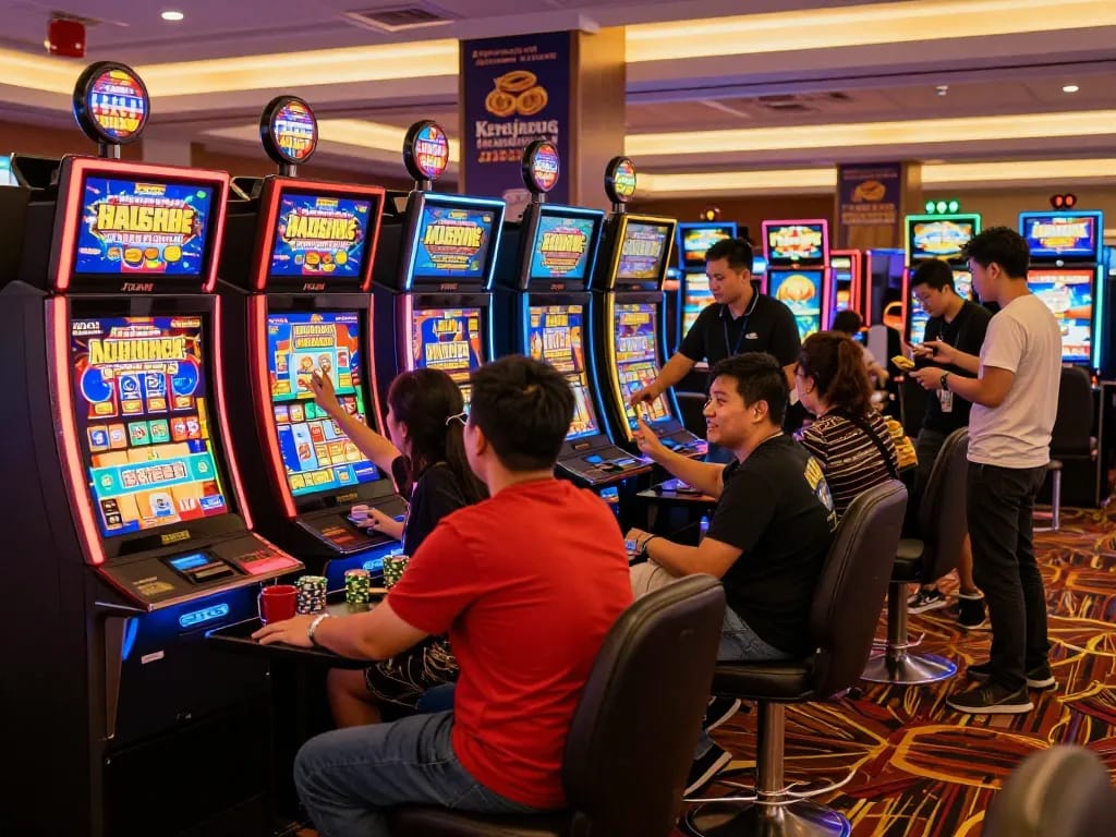 Kerajaanslot players enjoying a vibrant evening at the casino, surrounded by colorful slot machines and engaging atmosphere.