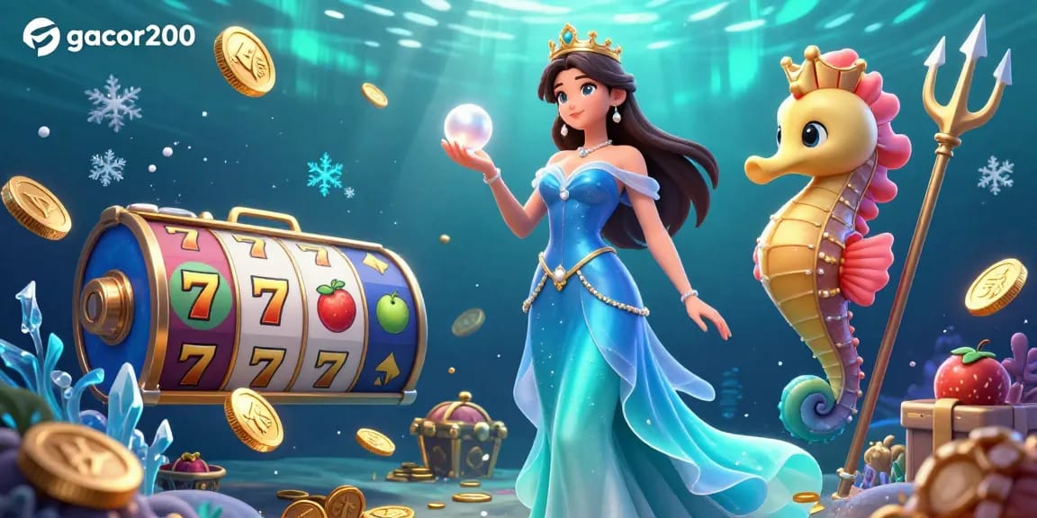 Experience endless fun with gacor200 in this vibrant underwater casino-themed illustration rich in detail.