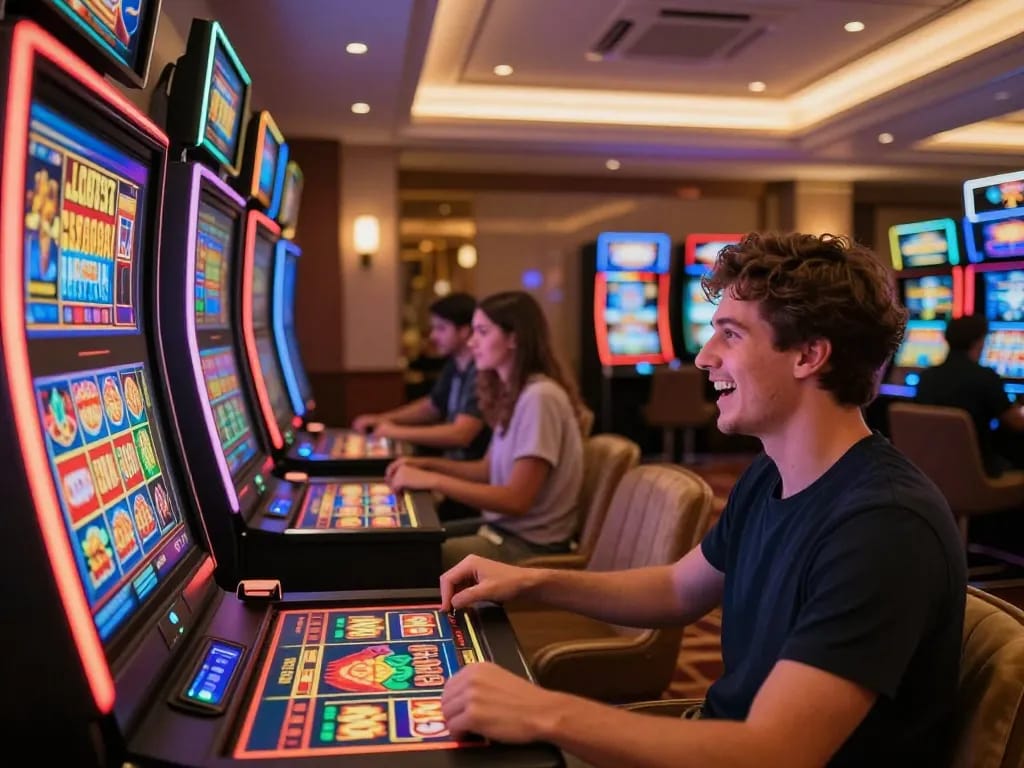 Winning moment at n188 com showcased with player celebrating on a vibrant slot machine.