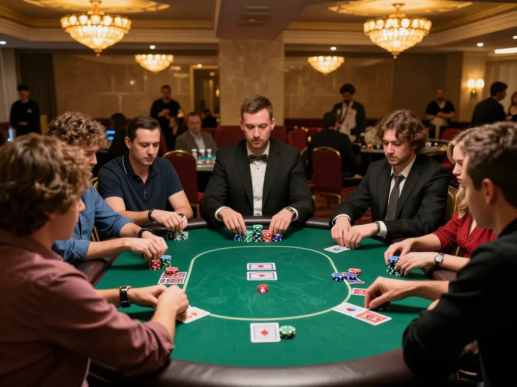SC88 poker players engaging in a thrilling game at a vibrant casino table with colorful chips