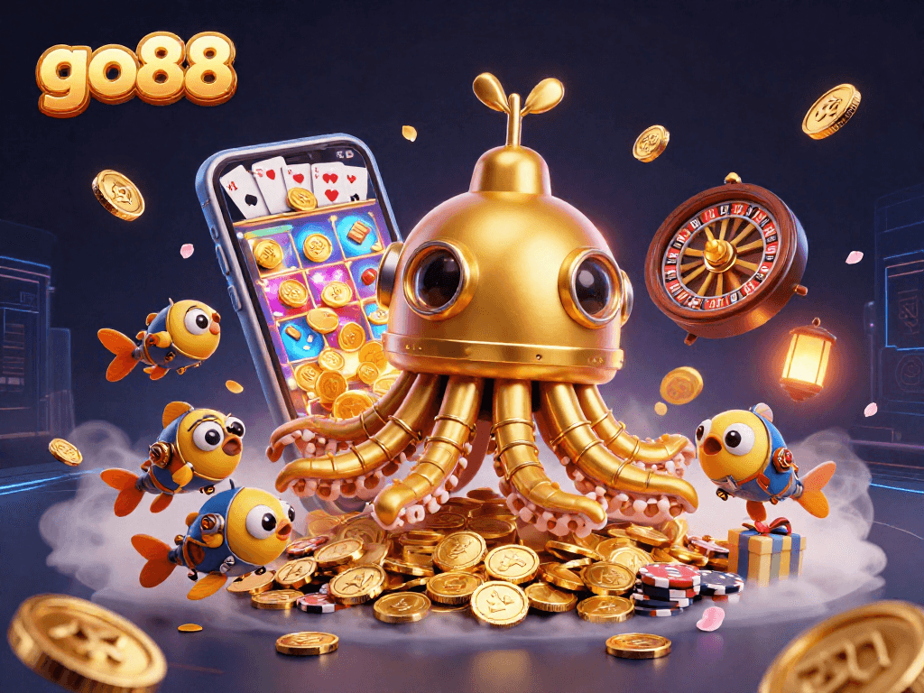 Engage with go88's thrilling slot games amid a sea of golden coins and vibrant casino elements.