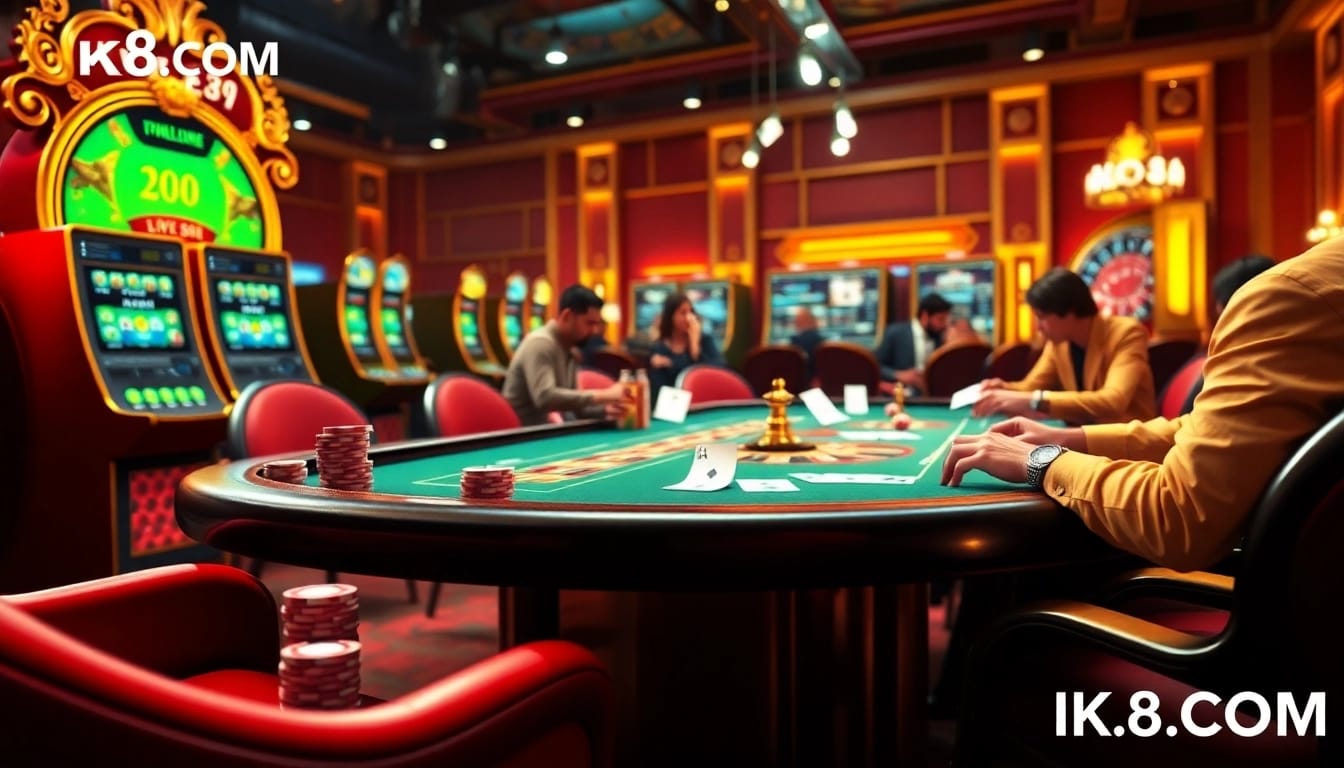Engage with MK8.COM at a vibrant casino scene with live betting, colorful slot machines, and poker games.
