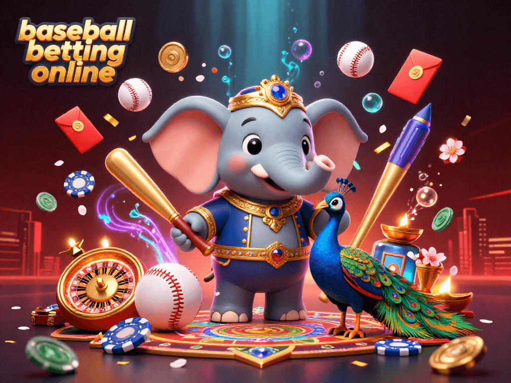 Engaging scene highlighting baseball betting online with an iconic elephant and vibrant casino elements.