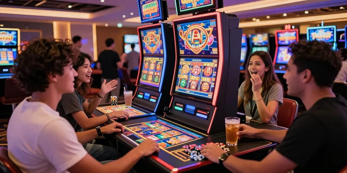 Friends enjoying pajaktoto slot at a vibrant casino, showcasing excitement and colorful gaming.