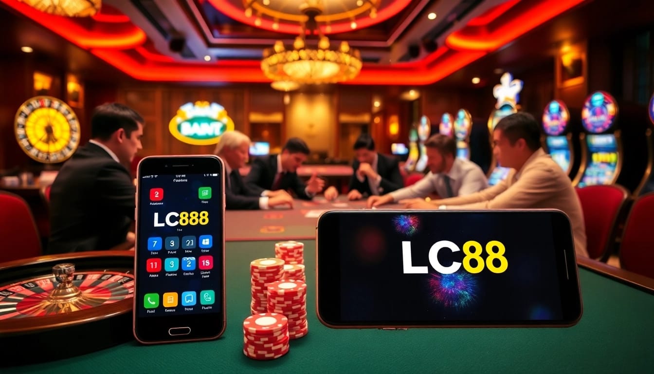 Engaging poker game with app lc88 displayed, highlighting online gambling excitement.