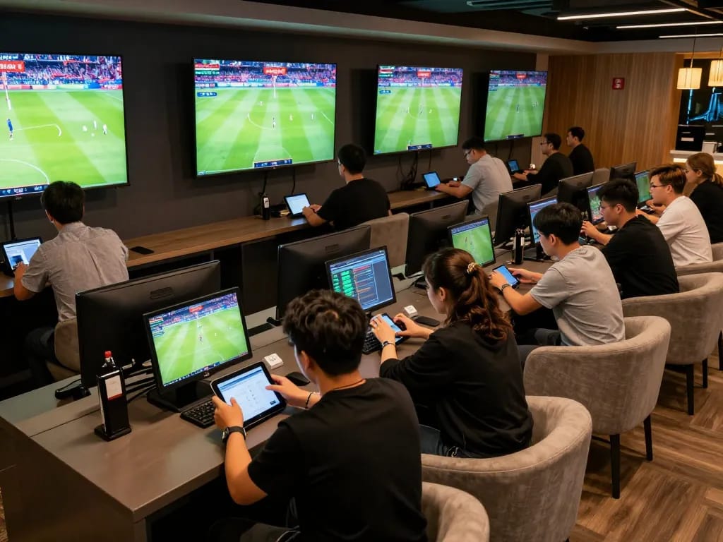 Engaged bettors using ca khia for live soccer betting in a vibrant sports lounge