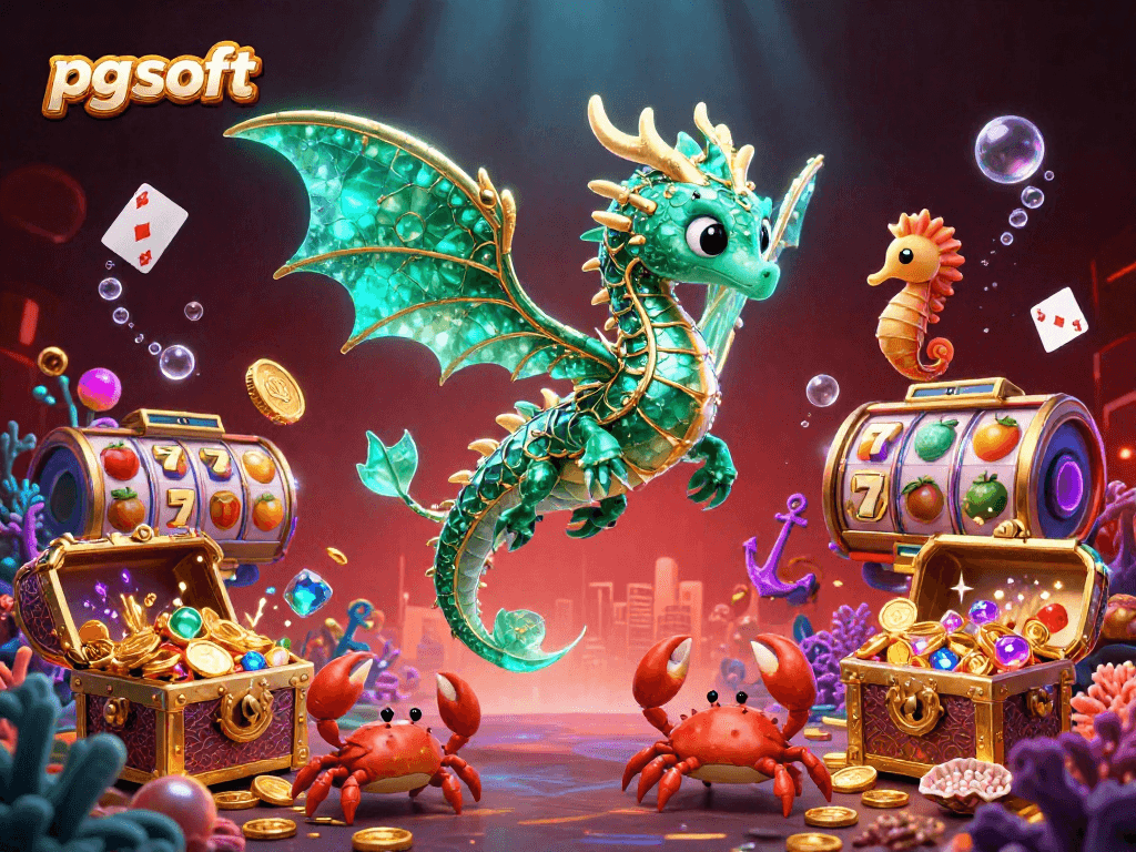 Engage in thrilling PG Soft gaming with a vibrant sea dragon and riches in an immersive casino scene.