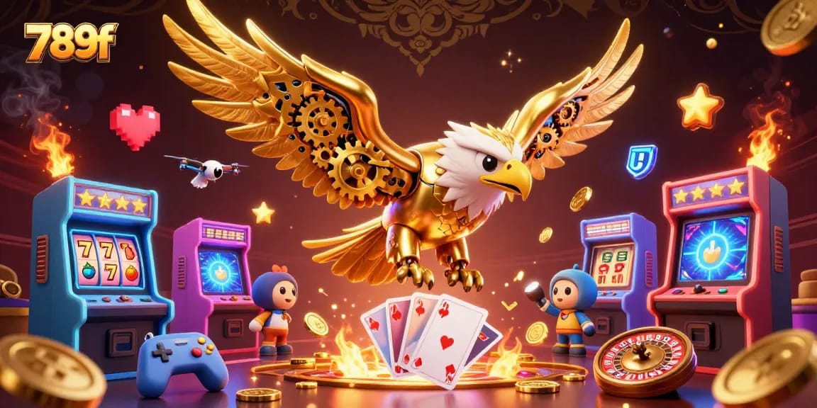 Experience thrilling gameplay at 789f with a golden eagle soaring over holographic cards.