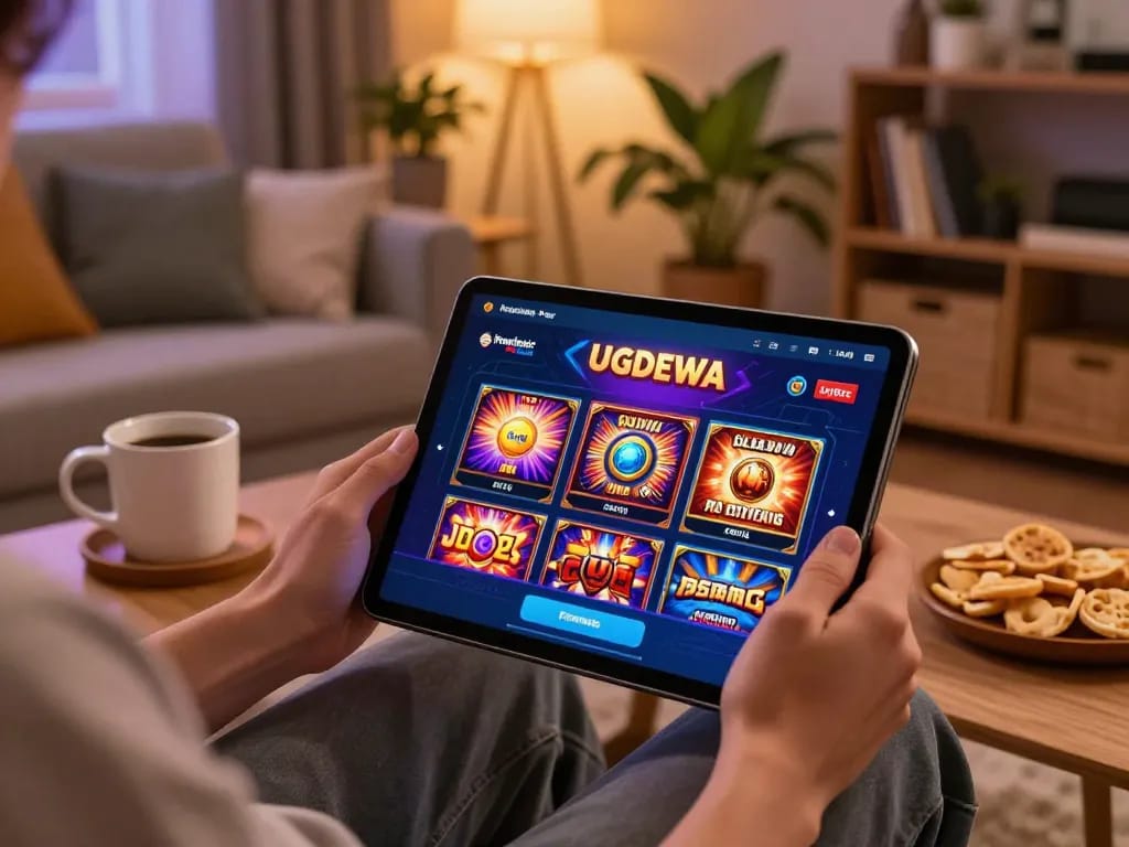 Experience the thrill of playing slots on UGDEWA in a cozy gaming setup at home.