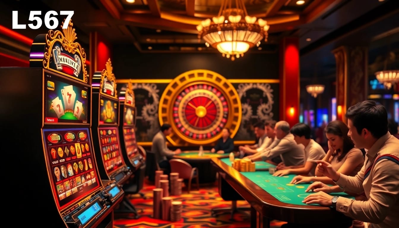 L567 online casino scene with players at slot machines and roulette tables.