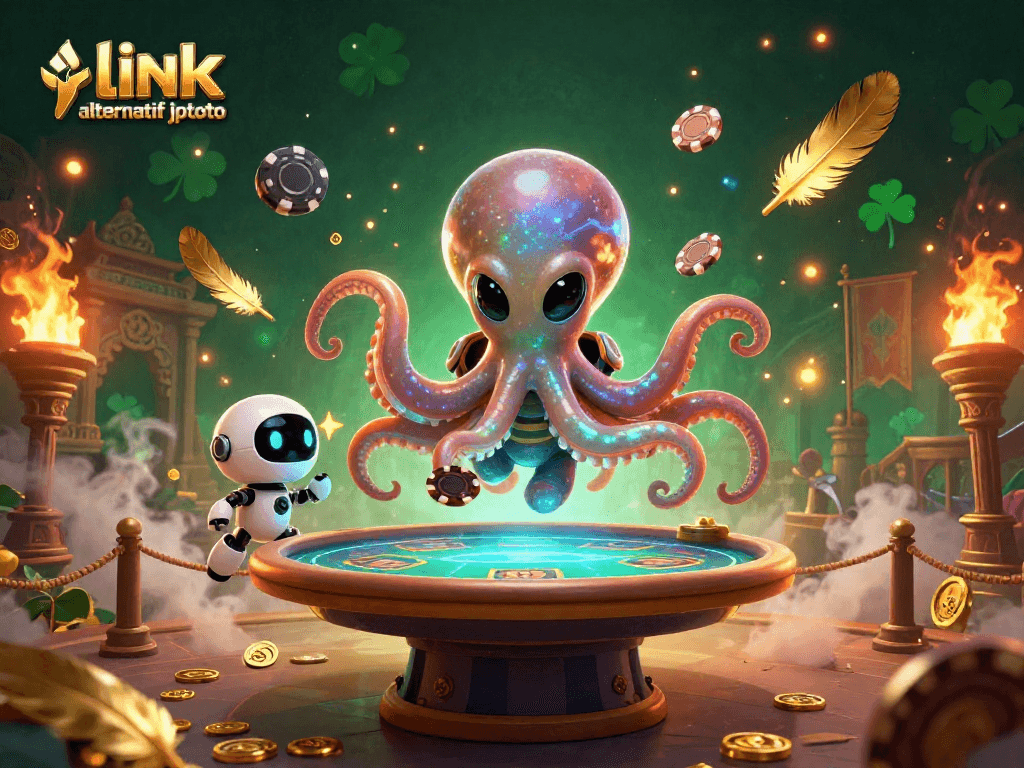 Engage with link alternatif jptoto in a cosmic poker showdown featuring a vibrant alien octopus.