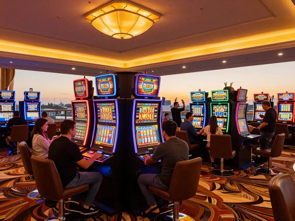 Players spinning the reels at TR88's vibrant slot machines, celebrating wins in a lively casino atmosphere