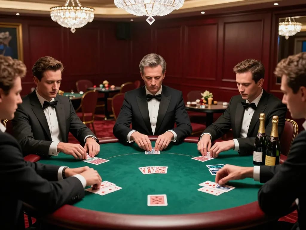 High-stakes poker game at z16 casino with players strategizing over cards and champagne