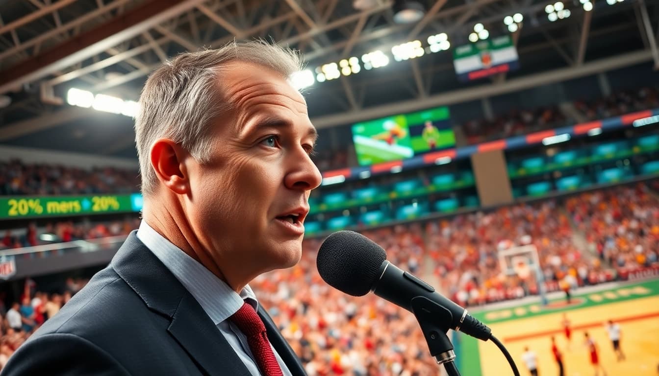Engaging moment in sports broadcasting, featuring a commentator and a vibrant stadium atmosphere.