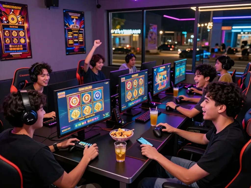 Exciting gaming scene featuring friends enjoying slot gacor hari ini in a lively lounge with neon lights.