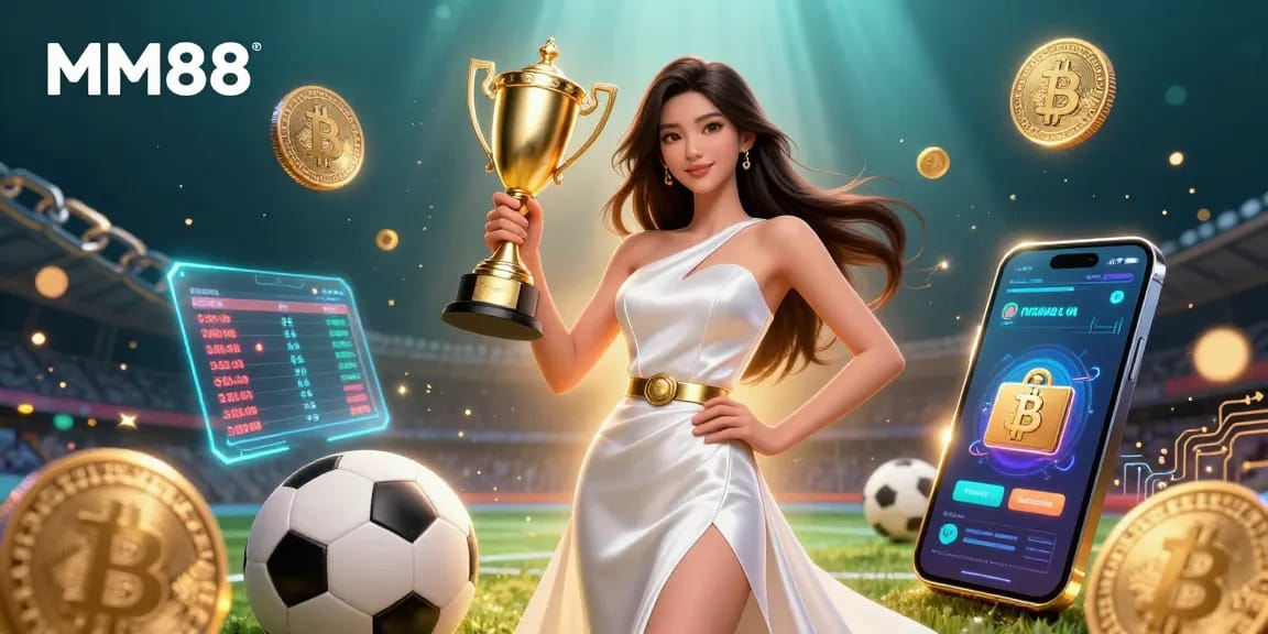 Experience the winning excitement at MM88, showcasing a glamorous Asian woman celebrating in a vibrant sports betting scene.