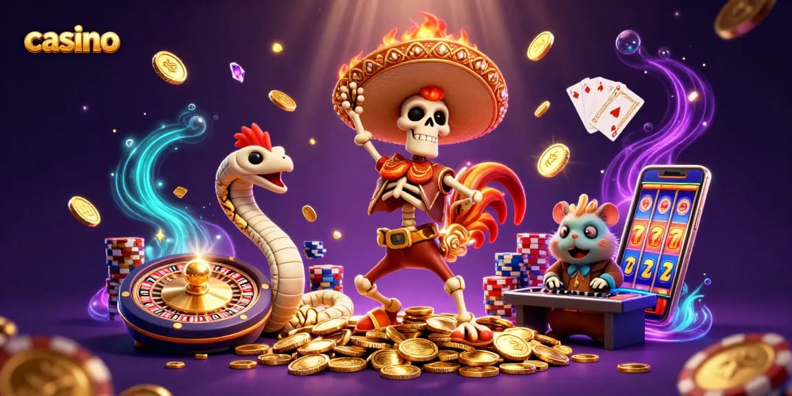 Experience the thrill of the casino with a vibrant scene featuring a dancing skeleton, mummy snake, and DJ hamster.