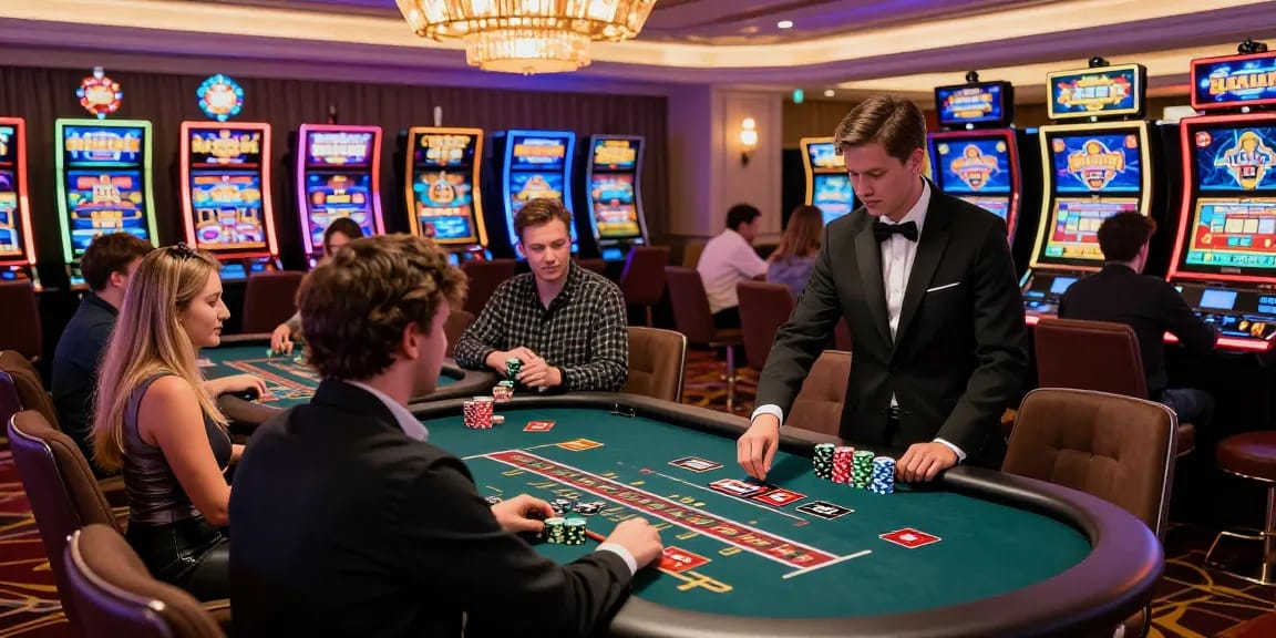 Exciting view of credit card casinos UK with lively gaming tables, players enjoying high-energy atmosphere, and vibrant slot machines.