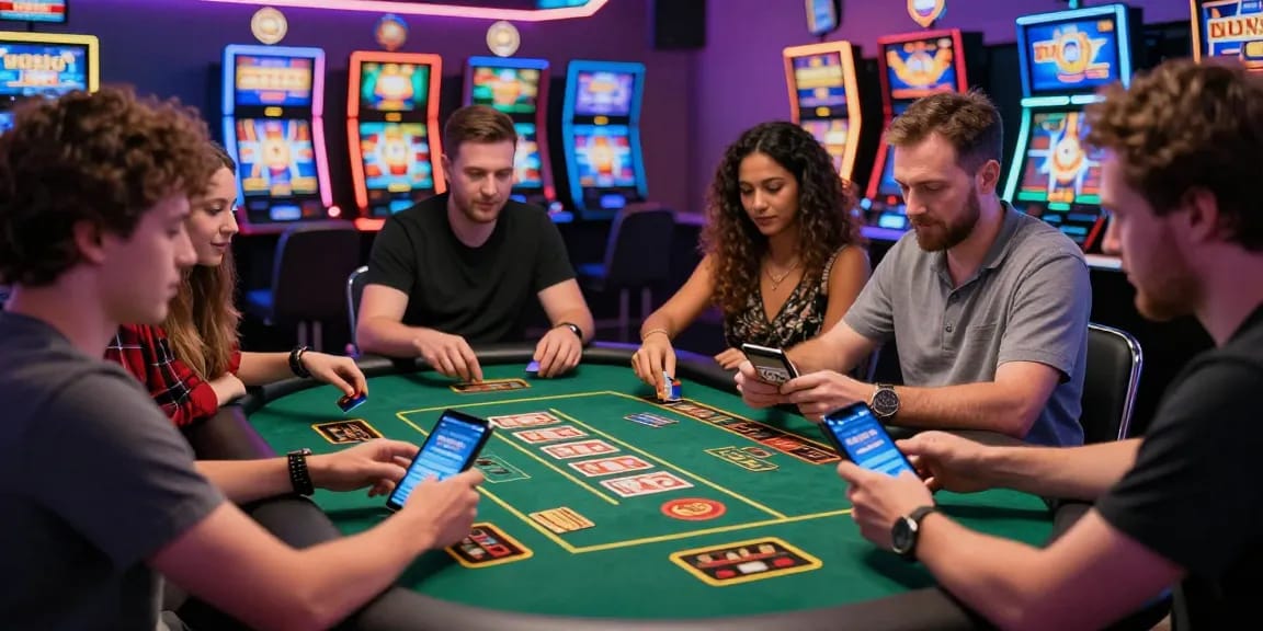 Engaged players at credit card casinos at https://thebls.org.uk enjoying games with mobile devices and cards.