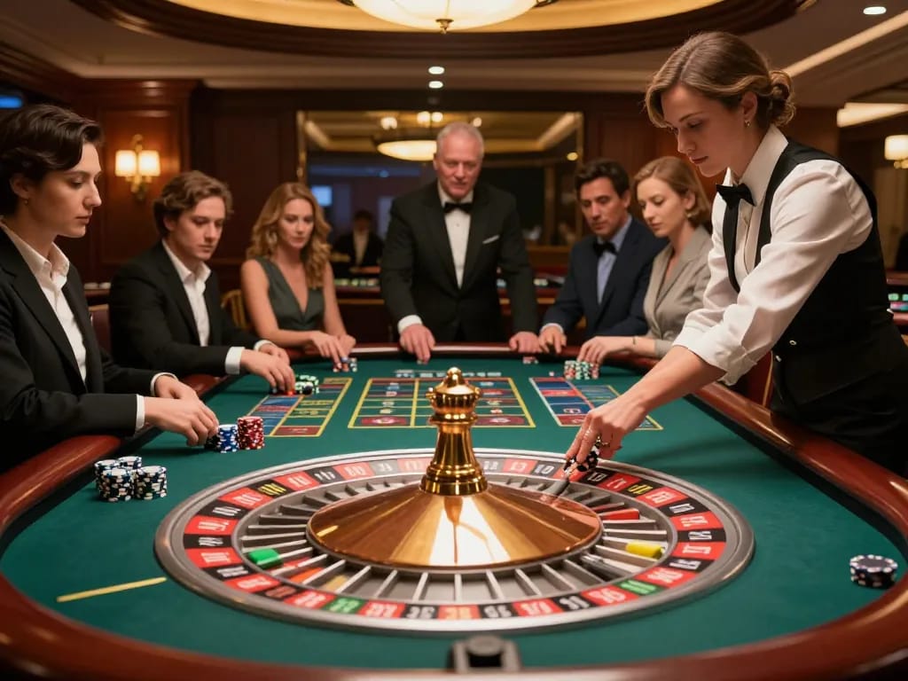 gbong placing bets at a luxurious roulette table, players engaged in dynamic gameplay