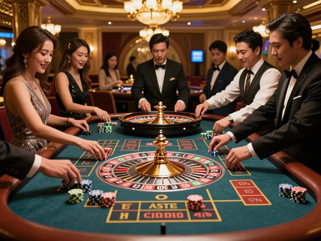 Engaging players at a roulette table celebrating their wins with du88 chips in stylish casino.