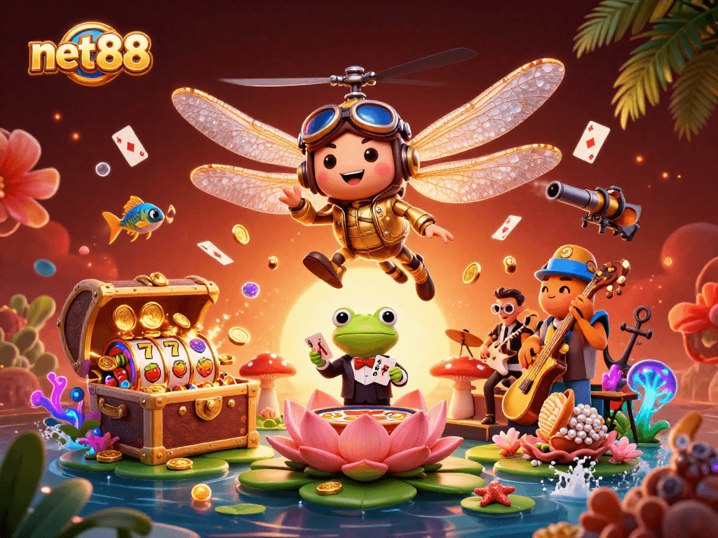 The net88 casino scene features a dragonfly pilot and frog dealer amidst lively gaming action.