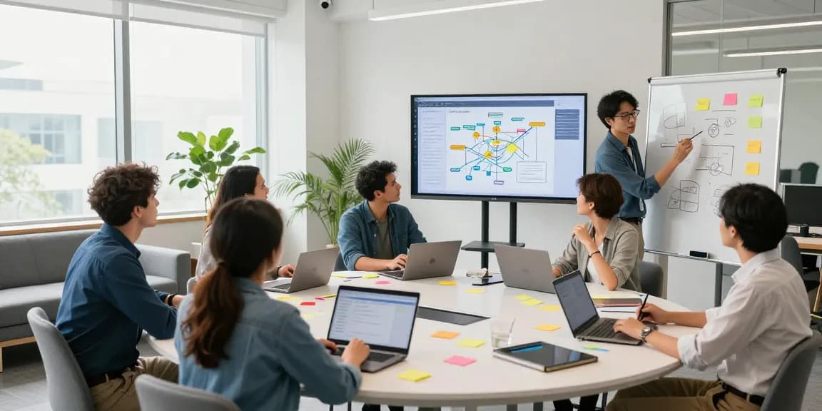 Tim kreatif bekerja sama di ruang kantor modern untuk merencanakan proyek di https://miami4d.com/ dengan suasana yang energik.