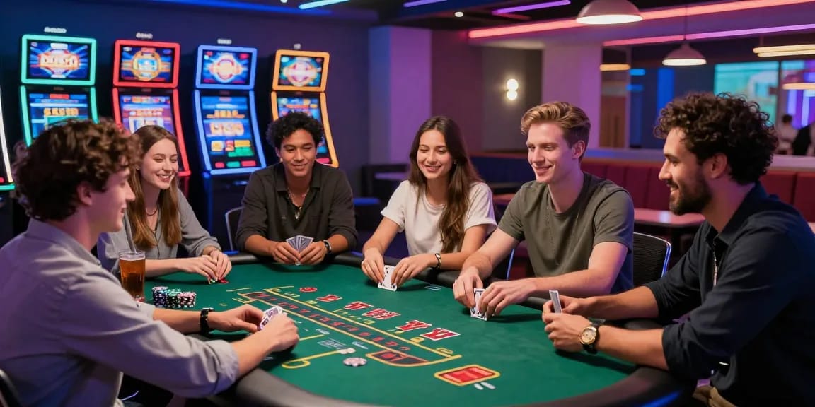 How to Win Real Money on Online Casino Games with friends at a vibrant gaming table, capturing excitement and strategy in action.