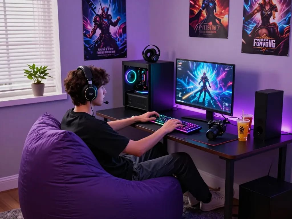 Immersive adult game gaming setup with vibrant lighting and accessories.