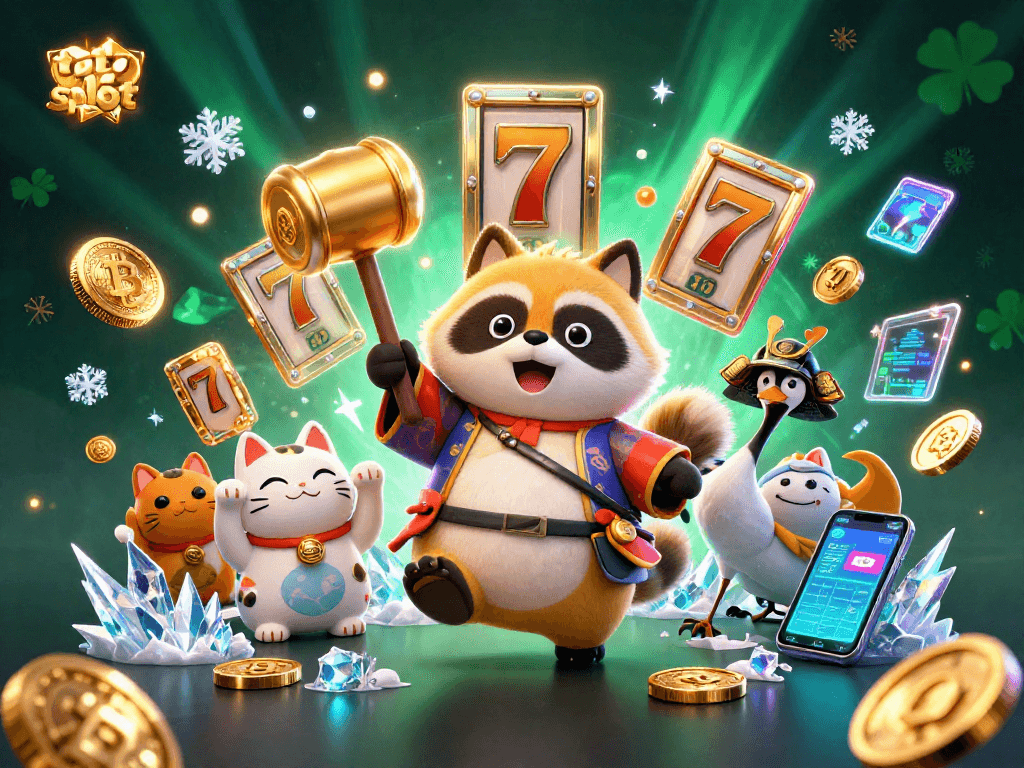 Engage with the thrilling toto slot experience featuring a cheerful tanuki and vibrant game elements.