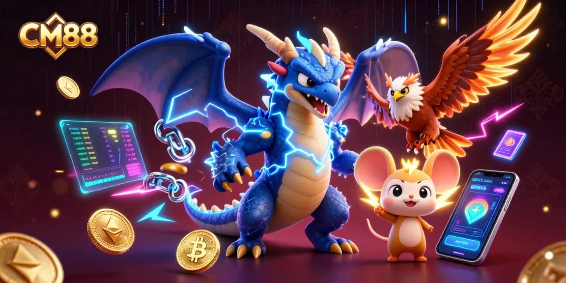 CM88 features a dynamic scene with a thunder dragon and hawk amidst glowing crypto elements.