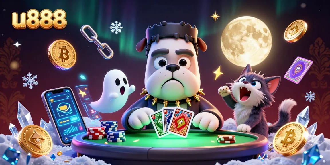 Experience thrilling gameplay at u888 with a spooky casino scene featuring vibrant 3D characters.