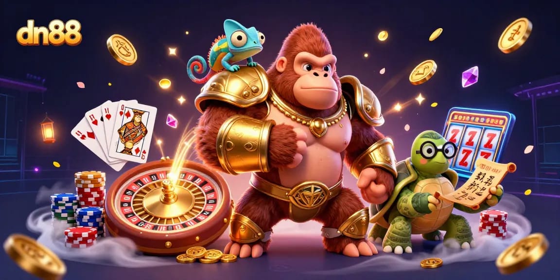 Experience the thrill of dn88 as a powerful gorilla and companions celebrate wins with casino treasures.