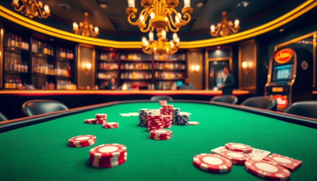 Engage with casino online gaming at an upscale poker table featuring vibrant colors and strategic setups.