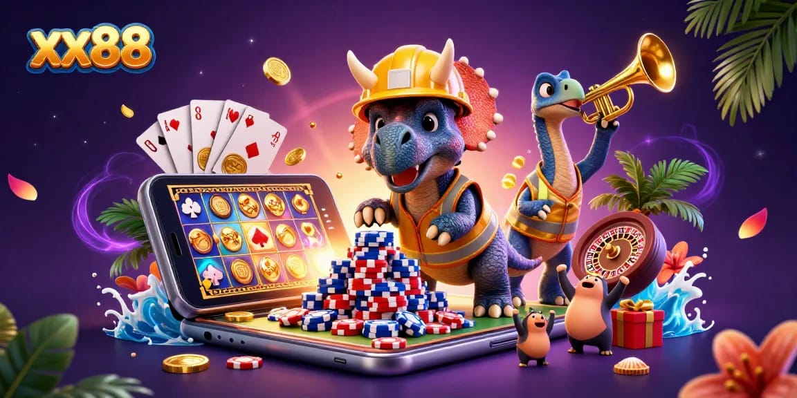 Win big with xx88 featuring a triceratops and friends in a vibrant casino scene.