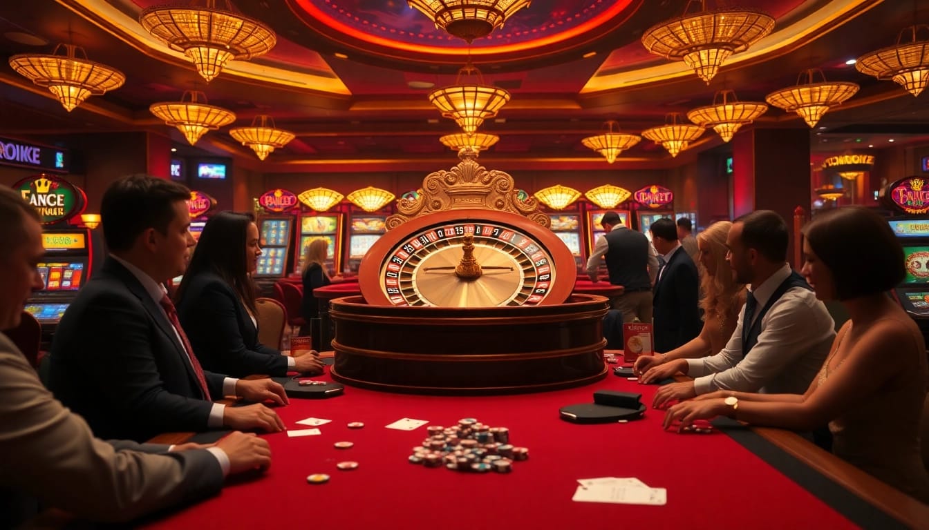 Experience thrilling gaming action at https://urr88.com/ with players at a luxurious casino table.