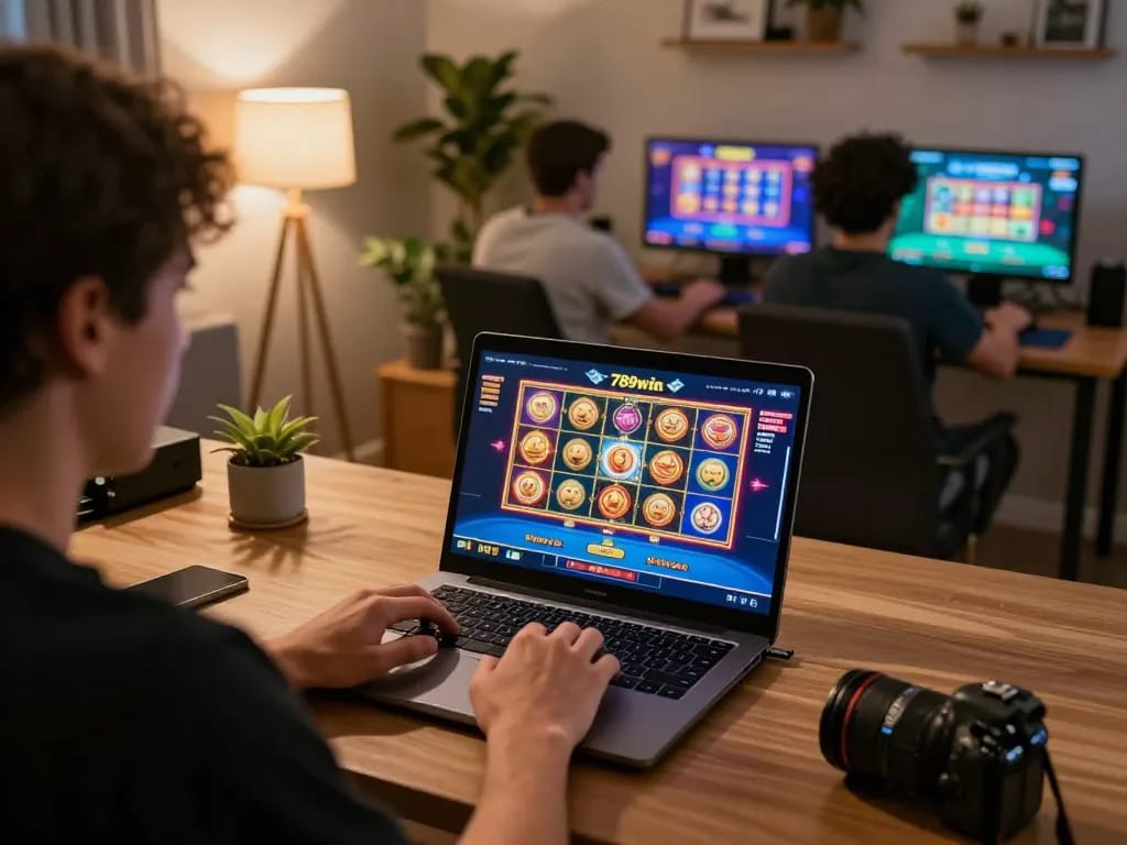 Player engaging with vibrant slot games on 789win at home, showcasing modern online gaming setup