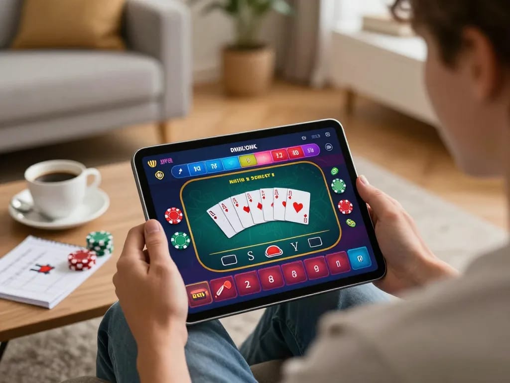 Engaging online gaming moment at https://mm88.blog/ with a tablet displaying poker, emphasizing strategy and comfort