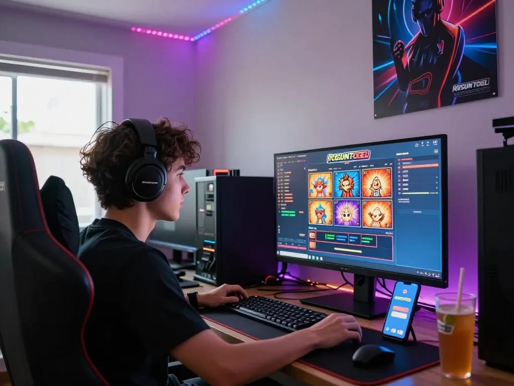 Interactive gaming setup with RUSUNTOGEL slot display and gaming chair.