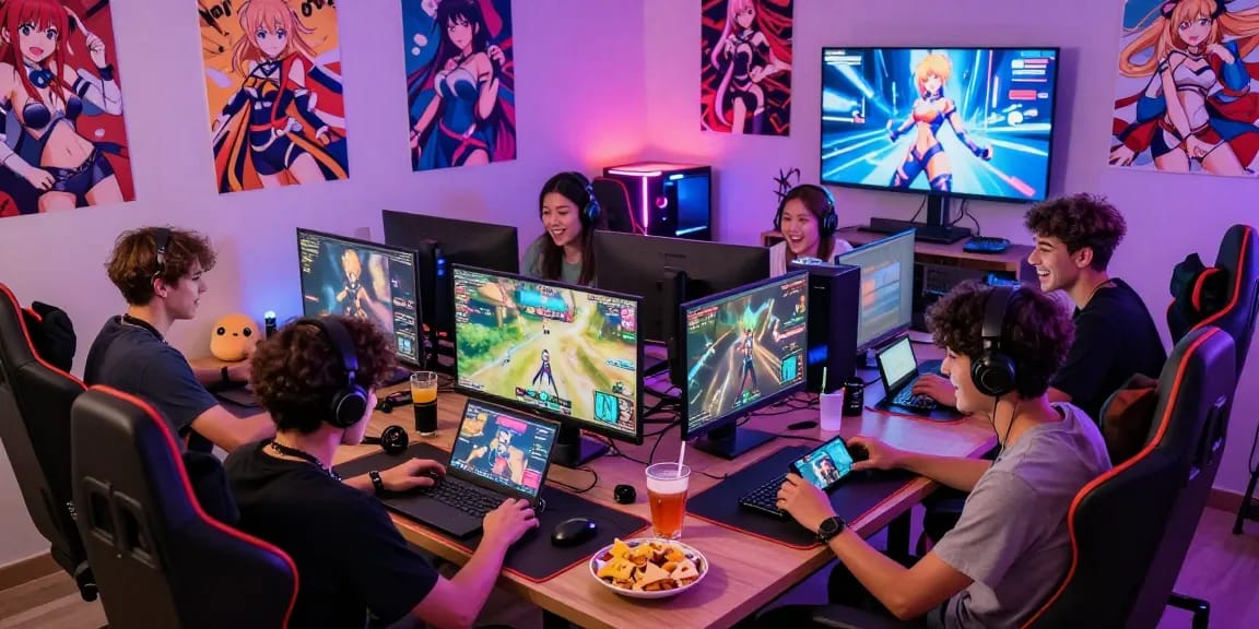 Gamers enjoying hentai games together in a vibrant gaming scene.