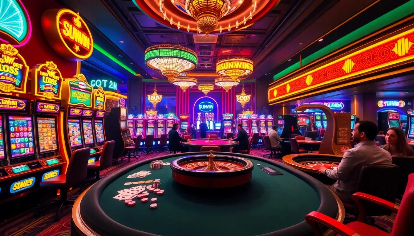 Engaging players experiencing the excitement of sunwin casino games at vibrant tables and slot machines.