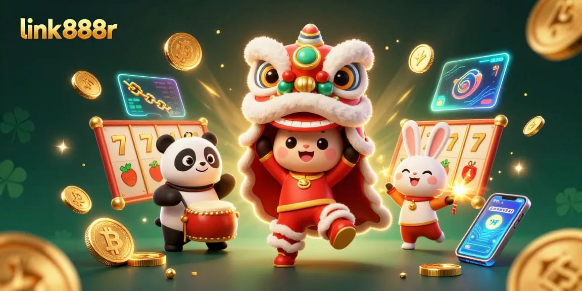 Link 888r showcases a vibrant casino scene filled with slot reels and crypto coins.